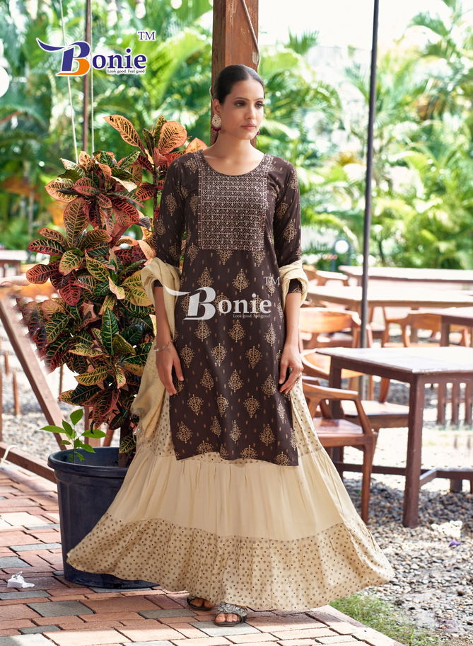 Fiana 13 By Bonie Fancy Rayon Printed Kurti With Bottom Dupatta Wholesale Price In Surat
